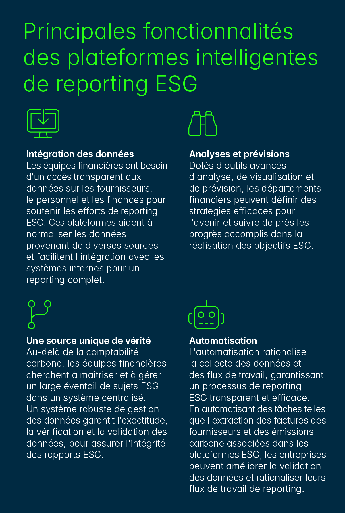 Principales fonctionnalités des plateformes de reporting ESG